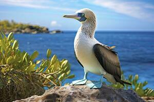 ai gerado a raro de pés azuis booby descansos em a de praia. ai gerado foto