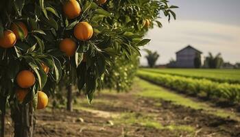 ai gerado a laranja árvore é dentro a primeiro plano com uma Fazenda campo fundo. generativo ai foto