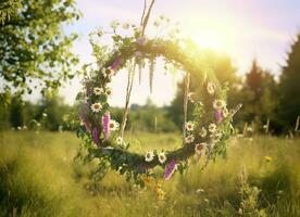 ai gerado rústico flores silvestres guirlanda em uma ensolarado Prado. verão solstício dia, solstício de verão conceito. generativo ai foto