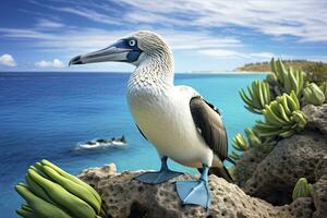 ai gerado a raro de pés azuis booby descansos em a de praia. ai gerado foto