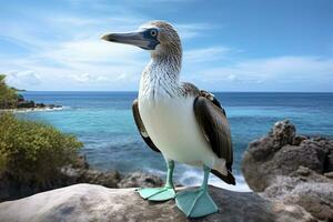 ai gerado a raro de pés azuis booby descansos em a de praia. ai gerado foto