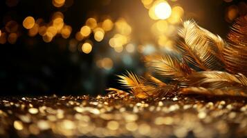 ai gerado dourado penas em bokeh fundo. Natal e Novo ano conceito. foto