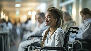 ai gerado jovem mulher dentro cadeira de rodas dentro hospital. generativo ai foto