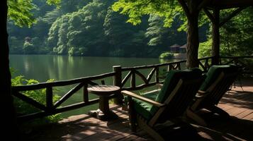 ai gerado uma quieto pescaria cabana e fogueira de a lago. generativo ai foto