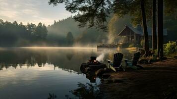 ai gerado uma quieto pescaria cabana e fogueira de a lago. generativo ai foto