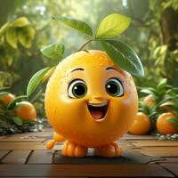 ai gerado 3d realista desenho animado fofa laranja fruta foto