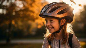 ai gerado uma jovem menina vestindo uma capacete para ciclismo. generativo ai foto