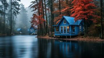 ai gerado pacífico chalé dentro bosque de a lago. generativo ai foto