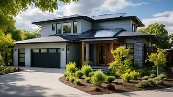 ai gerado sustentável casa conceito equipado com solar painéis. generativo ai foto
