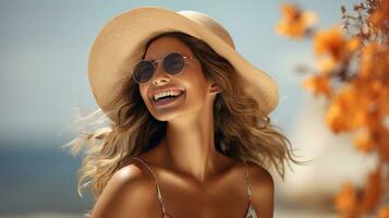 ai gerado mulher dentro Palha chapéu desfrutando verão período de férias e Sol. generativo ai foto