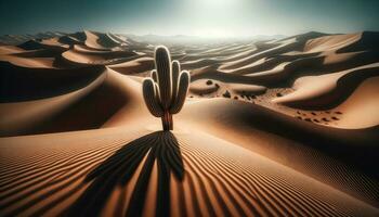 ai gerado uma solitário cacto dentro a meio do uma deserto, entre a areia dunas. generativo ai foto