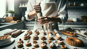 ai gerado a pastelaria chefe de cozinha habilmente aperta a creme para a eclairs dentro dele cozinha. generativo ai foto