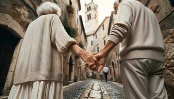 ai gerado velho casal caminhando segurando mãos em uma histórico rua. generativo ai foto