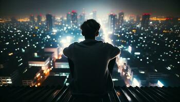 ai gerado solitário pessoa sentado em a telhado contra a distante brilho do cidade Horizonte luzes. generativo ai foto