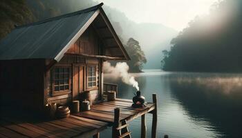 ai gerado uma de madeira cabana em a Beira do uma quieto lago e fumaça chegando a partir de a fogão em Está terraço. generativo ai foto