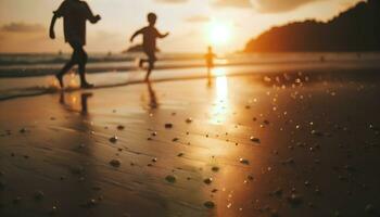 ai gerado crianças jogando alegremente em a de praia às pôr do sol. generativo ai foto