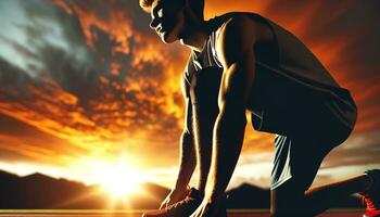 ai gerado uma jovem atleta preparando para uma corre em uma nascer do sol fundo. generativo ai foto