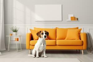 ai gerado animal em sofá, moderno vivo quarto interior, fofa cachorro perto sofá, ai generativo foto