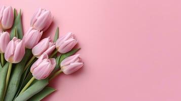 ai gerado lindo composição Primavera flores ramalhete do Rosa tulipas flores em pastel Rosa plano de fundo, generativo ai. foto