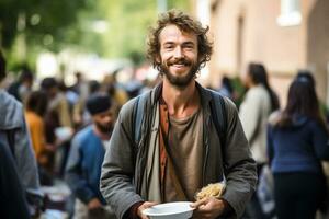 ai gerado sorridente sem teto homem comendo livre Comida dentro uma rua cantina foto