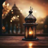 ai gerado lindo queimando árabe lanterna em de madeira atrás mesquita fundo, Ramadã foto