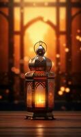 ai gerado lindo queimando árabe lanterna em de madeira mesa, Ramadã fundo com cópia de espaço para texto foto