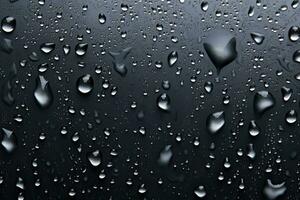 chuva, água gotas em a fosco Preto vidro pano de fundo foto