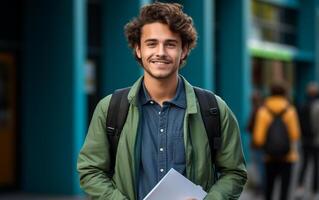 ai gerado aluna sorridente com escola saco e caderno foto