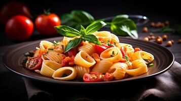 ai gerado massa com tomates e manjericão em uma prato foto