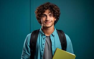 ai gerado aluna sorridente com escola saco e caderno foto