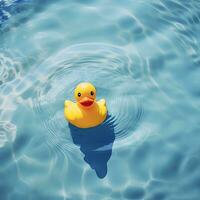 ai gerado Ellow borracha Pato flutuando em azul água dentro uma piscina em uma quente verão dia, levando uma banho e natação foto