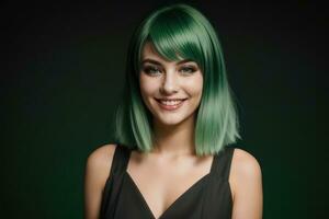 ai gerado retrato lindo verde cabelo e olhos modelo mulher com branco dentes sorriso, saudável grandes cabelo e beleza pele em Sombrio fundo. conceito do publicidade dentista e facial Cuidado. generativo foto