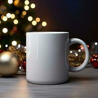 ai gerado branco caneca brincar estilo com Natal decoração em bokeh fundo foto