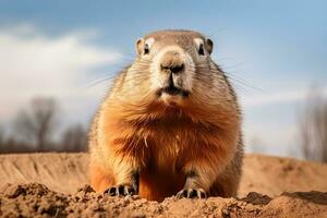 ai gerado marmota senta dentro uma orifício dentro a terra com uma fechar-se, feliz marmota dia foto