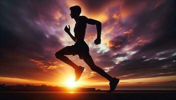 ai gerado uma jovem atleta preparando para uma corre em uma nascer do sol fundo. generativo ai foto