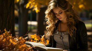 ai gerado mulher sentado debaixo uma marquise do outono folhas dentro a parque, absorta dentro uma livro. generativo ai foto