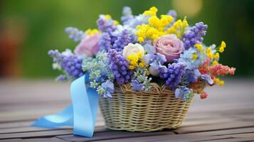 ai gerado uma cesta preenchidas com colorida flores colocada em uma mesa. generativo ai foto