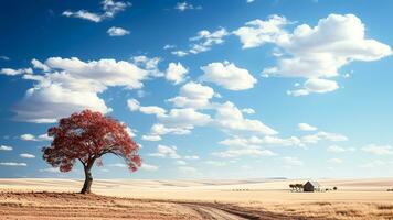 ai gerado campo panorama dentro a com solitário árvore em a campo e azul céu. foto