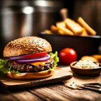 ai gerado retrato Visão do Hamburger colocada em uma mesa com de outros comida, pronto para consumo. foto