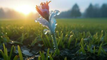 ai gerado uma coberto de orvalho flor dentro a grama, brilhante com água gotas. generativo ai foto