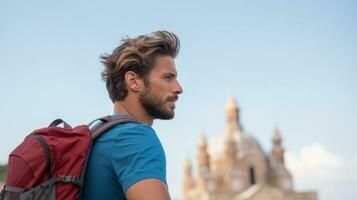 ai gerado uma homem com uma mochila absorta dentro observando alguma coisa intrigante durante dele viagem expedição. generativo ai foto