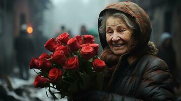 ai gerado feliz velho mulher segurando uma grupo do rosas dentro chuvoso clima. generativo ai foto