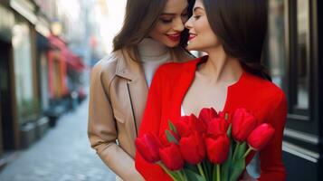 ai gerado dois mulheres segurando vermelho tulipas dentro a beco, exibindo a beleza do natureza e a alegria do companhia. generativo ai foto