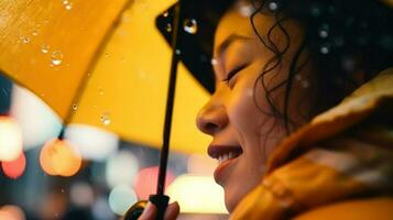 ai gerado uma mulher alegremente detém a guarda-chuva dentro a chuva, protegendo ela mesma a partir de a aguaceiro com uma sorrir em dela face. generativo ai foto