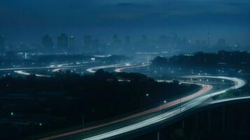 ai gerado aéreo Visão do uma cidade às noite, iluminado de tráfego luzes. generativo ai foto