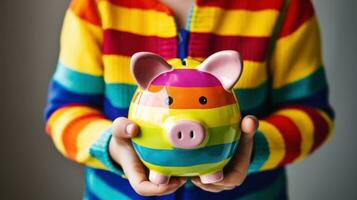 ai gerado uma criança segurando uma colorida porquinho banco, simbolizando financeiro Educação e salvando dinheiro para a futuro. generativo ai foto