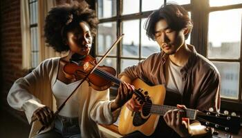 ai gerado uma homem e mulher jogando musical instrumentos - guitarra e violino - dentro harmonia. generativo ai foto