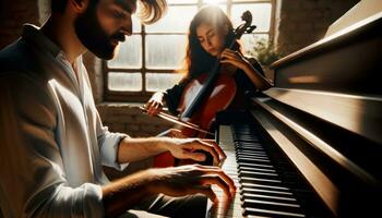 ai gerado uma homem e mulher jogando a violoncelo e violino, criando harmonioso música junto. generativo ai foto