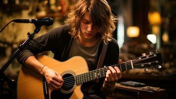 ai gerado jovem homem jogando acústico guitarra dentro música loja. generativo ai foto