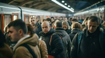 ai gerado pessoas esperando para uma trem às uma metrô estação. generativo ai foto